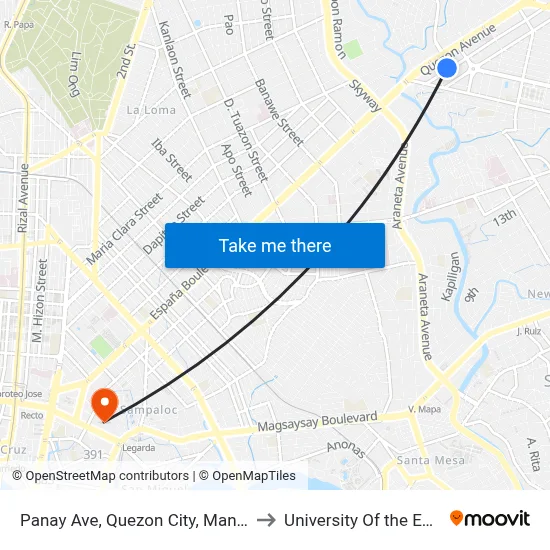 Panay Ave, Quezon City, Manila to University Of the East map