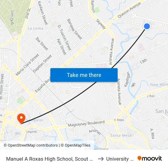 Manuel A Roxas High School, Scout Chuatoco, Quezon City, Manila to University Of the East map