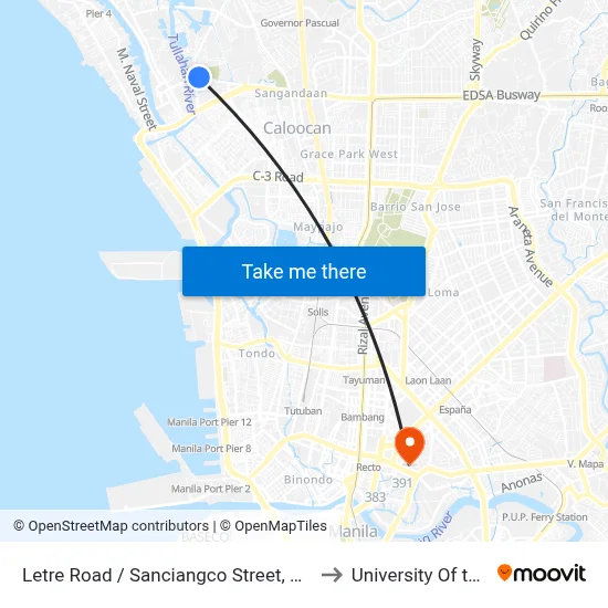 Letre Road / Sanciangco Street, Malabon City to University Of the East map