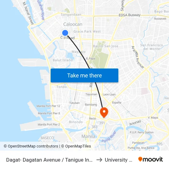 Dagat- Dagatan Avenue /  Tanigue Intersection, Caloocan City to University Of the East map