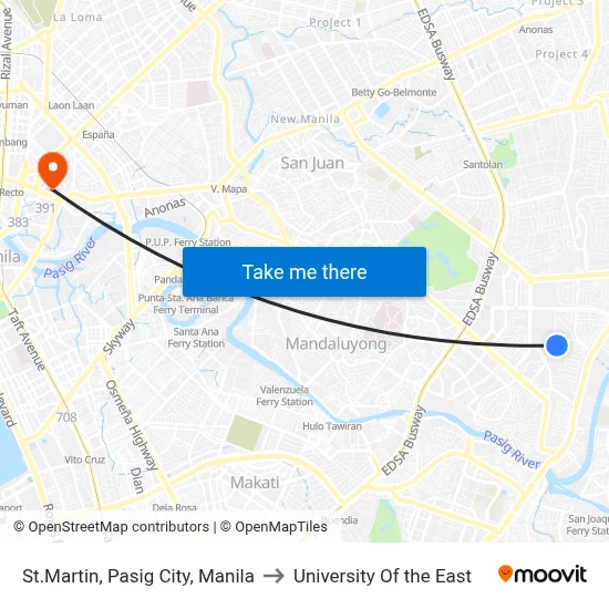St.Martin, Pasig City, Manila to University Of the East map
