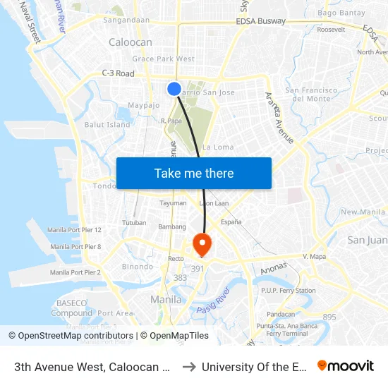 3th Avenue West, Caloocan City to University Of the East map