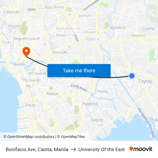 Bonifacio Ave, Cainta, Manila to University Of the East map