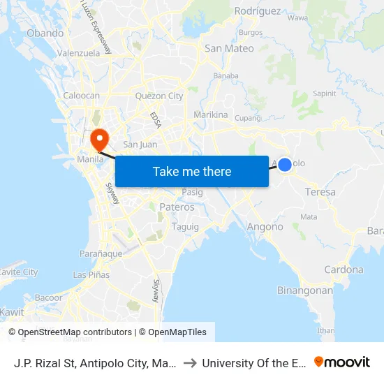 J.P. Rizal St, Antipolo City, Manila to University Of the East map