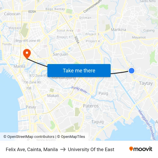Felix Ave, Cainta, Manila to University Of the East map