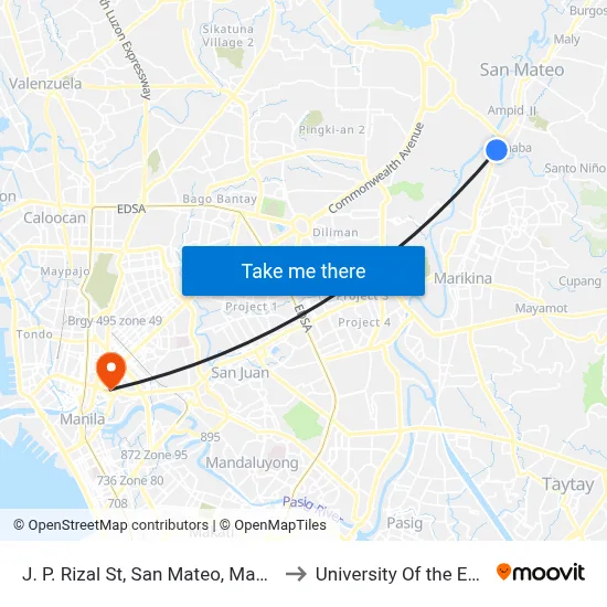 J. P. Rizal St, San Mateo, Manila to University Of the East map