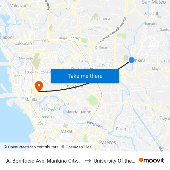 A. Bonifacio Ave, Marikina City, Manila to University Of the East map