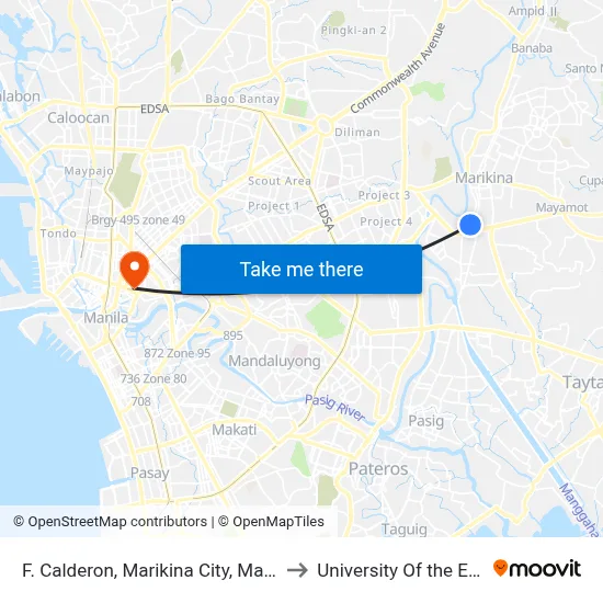 F. Calderon, Marikina City, Manila to University Of the East map