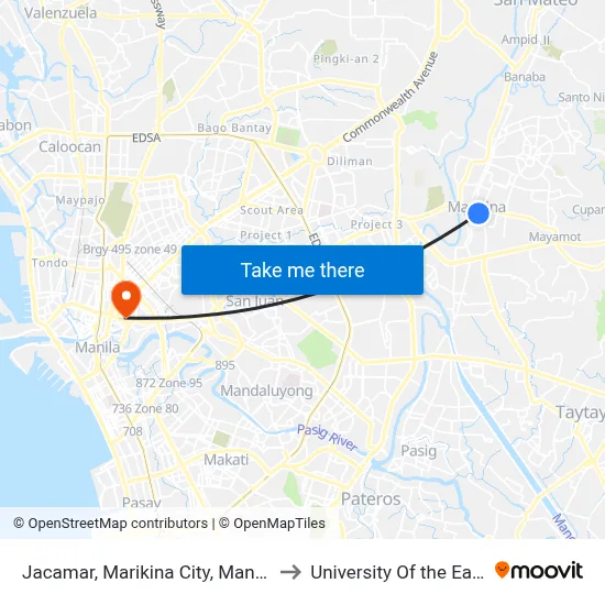 Jacamar, Marikina City, Manila to University Of the East map