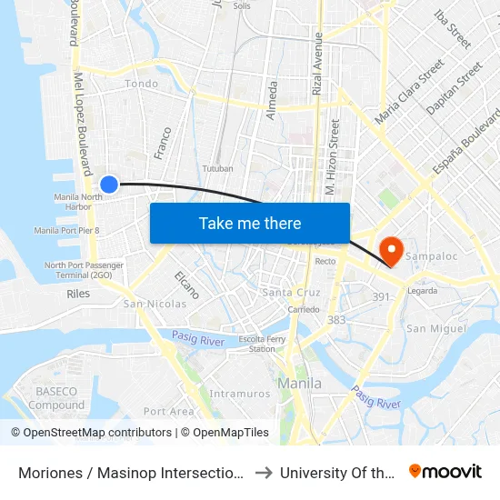 Moriones / Masinop Intersection, Manila to University Of the East map