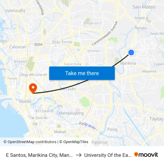 E Santos, Marikina City, Manila to University Of the East map