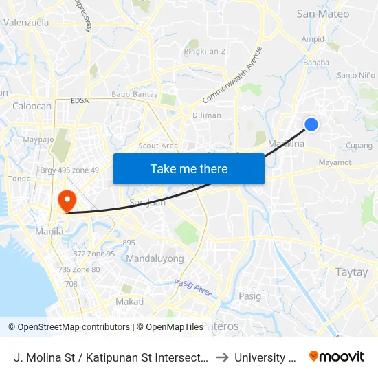 J. Molina St / Katipunan St Intersection, Marikina City, Manila to University Of the East map