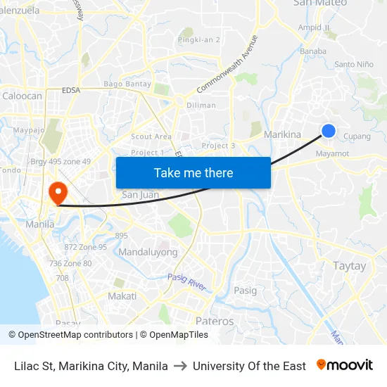 Lilac St, Marikina City, Manila to University Of the East map