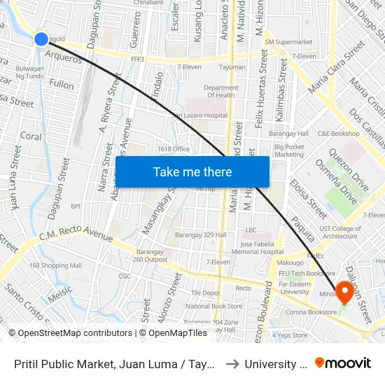Pritil Public Market, Juan Luma / Tayuman Road Intersection, Manila to University Of the East map