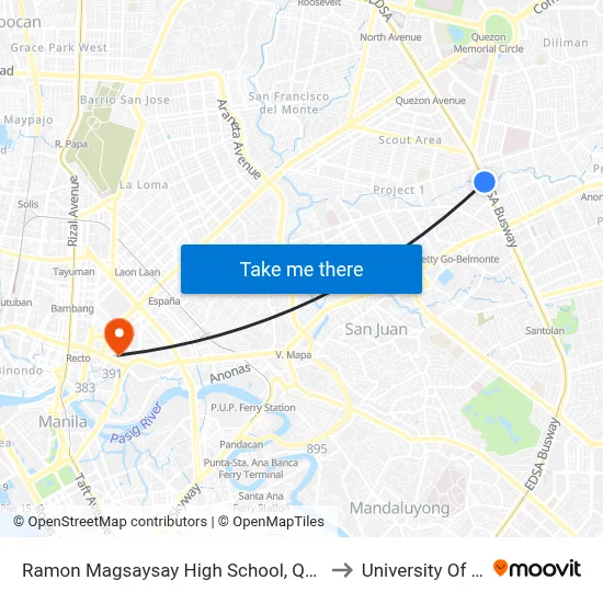 Ramon Magsaysay High School, Quezon City, Manila to University Of the East map