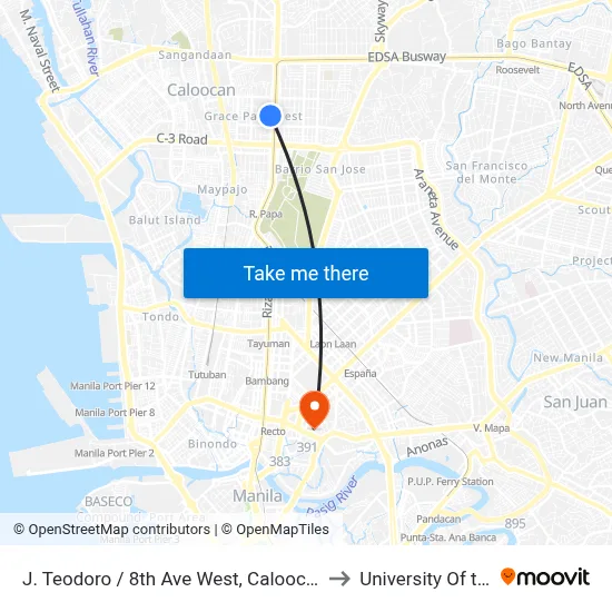J. Teodoro / 8th Ave West, Caloocan City, Manila to University Of the East map
