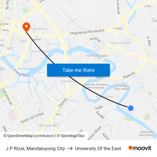 J P Rizal, Mandaluyong City to University Of the East map