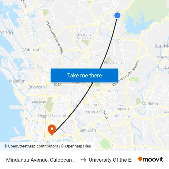 Mindanau Avenue, Caloocan City to University Of the East map