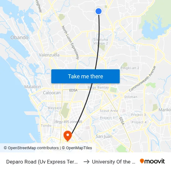 Deparo Road (Uv Express Terminal) to University Of the East map