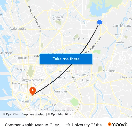 Commonwealth Avenue, Quezon City to University Of the East map