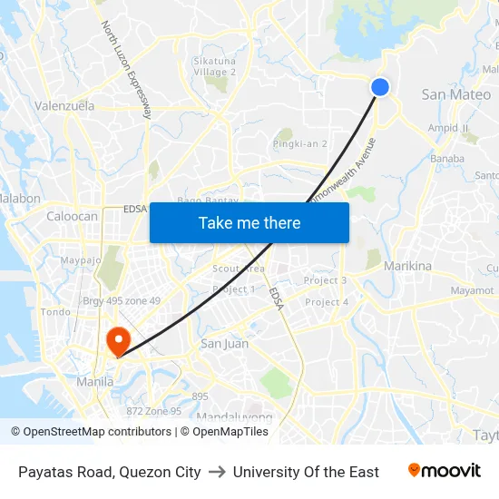 Payatas Road, Quezon City to University Of the East map