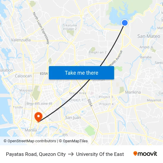 Payatas Road, Quezon City to University Of the East map
