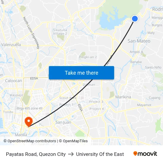 Payatas Road, Quezon City to University Of the East map