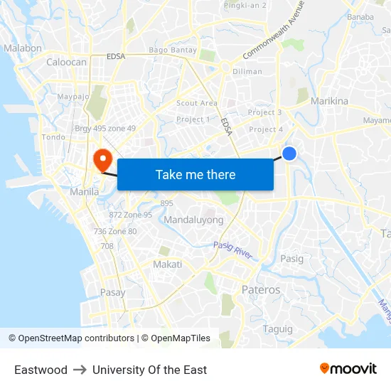Eastwood to University Of the East map