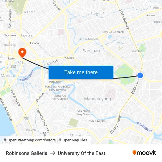 Robinsons Galleria to University Of the East map