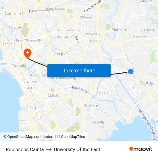 Robinsons Cainta to University Of the East map