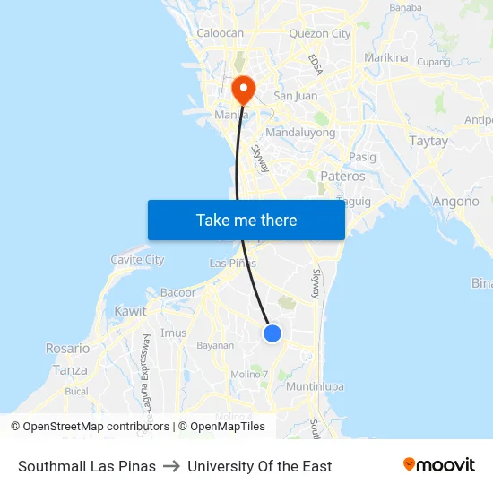 Southmall Las Pinas to University Of the East map