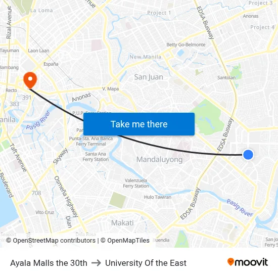 Ayala Malls the 30th to University Of the East map