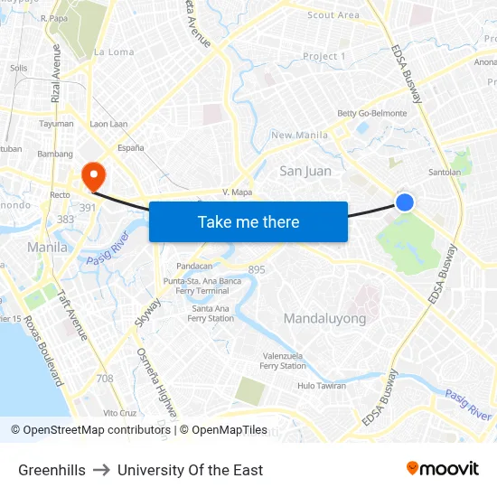 Greenhills to University Of the East map