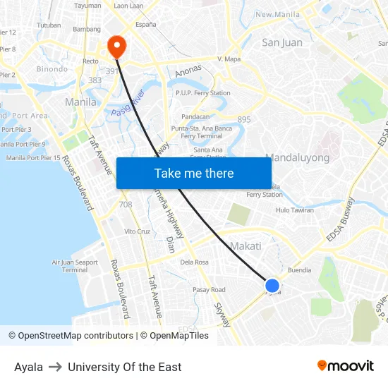 Ayala to University Of the East map