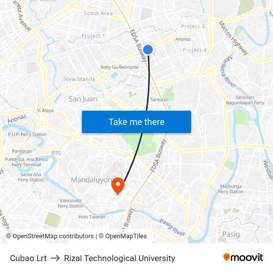 Cubao Lrt to Rizal Technological University map