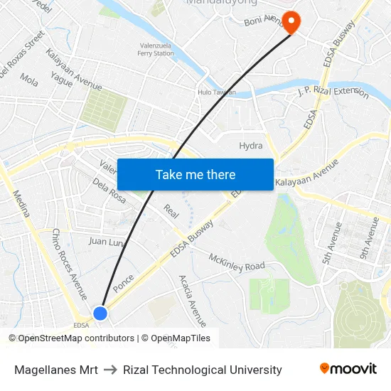 Magellanes Mrt to Rizal Technological University map