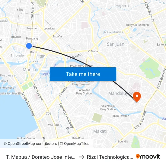 T. Mapua / Doreteo Jose Intersection, Manila to Rizal Technological University map