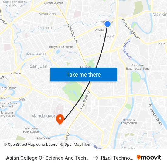 Asian College Of Science And Technology, Aurora Blvd, Quezon City, Manila to Rizal Technological University map