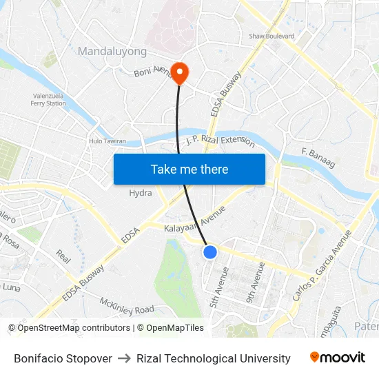 Bonifacio Stopover to Rizal Technological University map