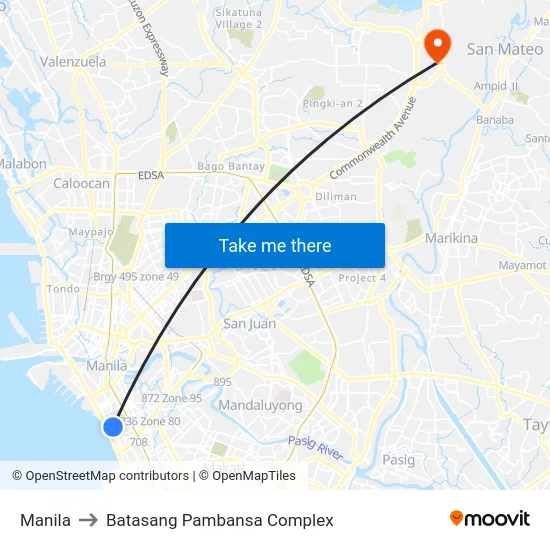 Manila to Batasang Pambansa Complex map