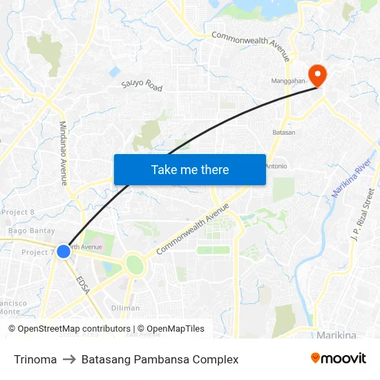 Trinoma to Batasang Pambansa Complex map