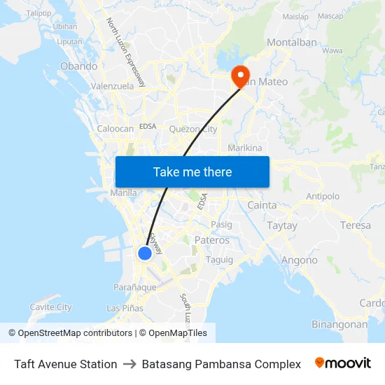 Taft Avenue Station to Batasang Pambansa Complex map
