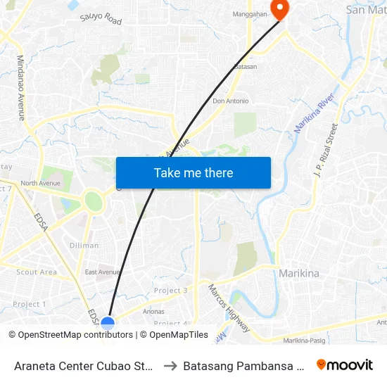 Araneta Center Cubao Station LRT to Batasang Pambansa Complex map