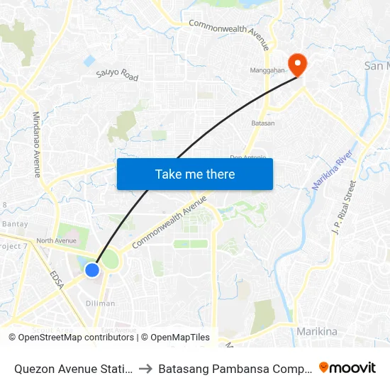 Quezon Avenue Station to Batasang Pambansa Complex map