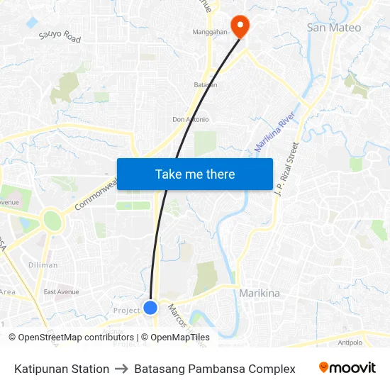 Katipunan Station to Batasang Pambansa Complex map