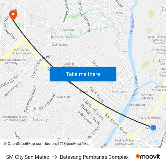 SM City San Mateo to Batasang Pambansa Complex map