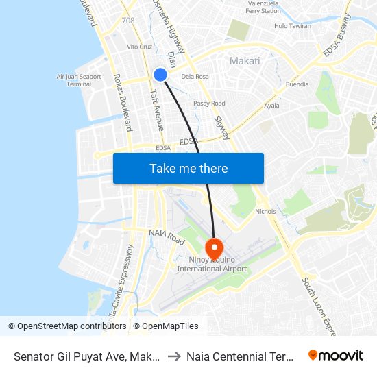 Senator Gil Puyat Ave, Makati City to Naia Centennial Terminal 2 map