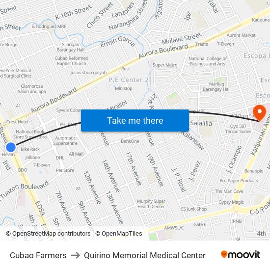 Cubao Farmers to Quirino Memorial Medical Center map