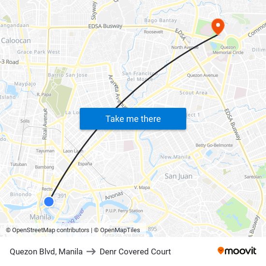 Quezon Blvd, Manila to Denr Covered Court map