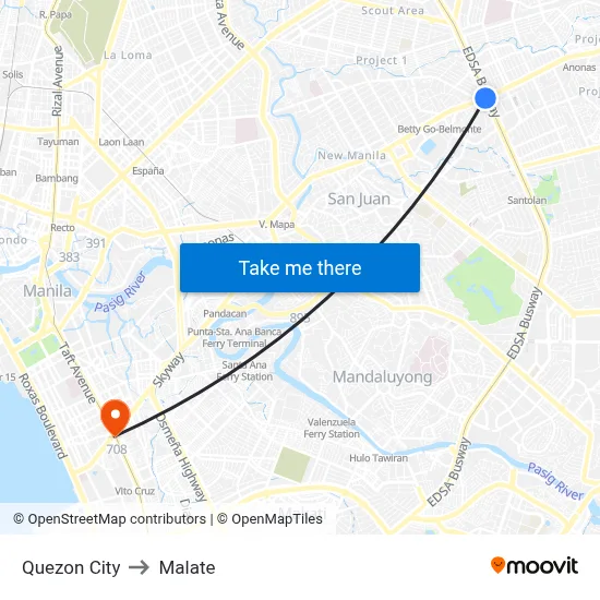 Quezon City to Malate map